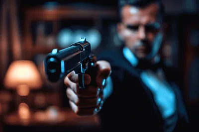 Secret Agent Aiming A Handgun In Dimly Lit Room