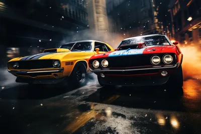 Two Classic Muscle Cars Racing On City Street