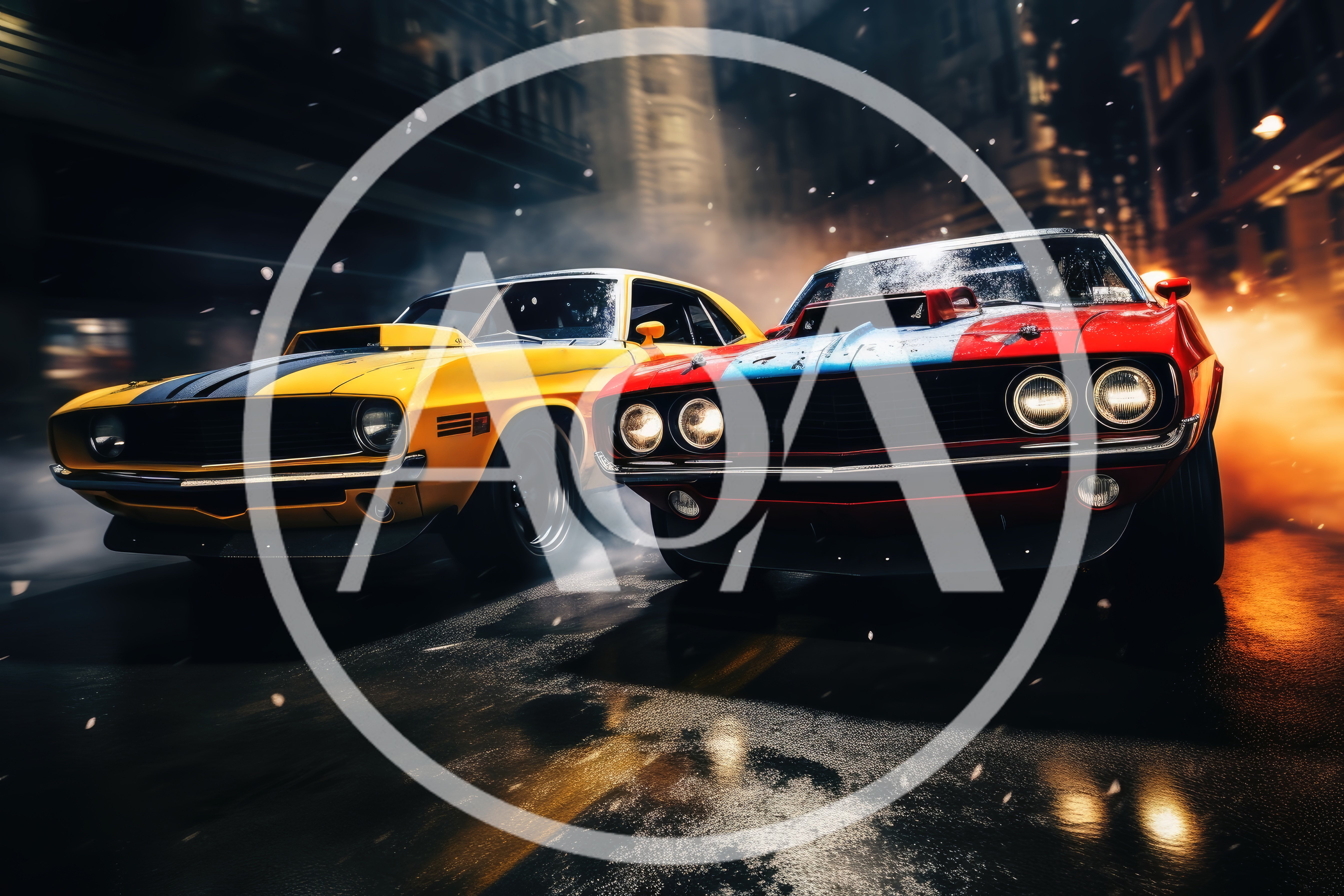 Two Classic Muscle Cars Racing On City Street
