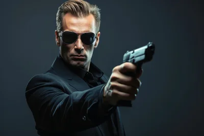 Secret Agent Man Aiming Handgun In Studio