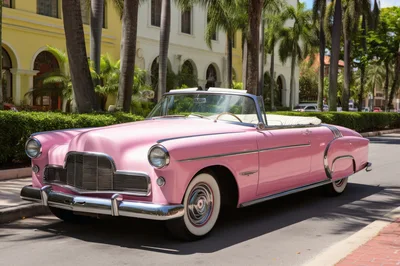 Vintage Pink Convertible Car Parked On Sunny Street