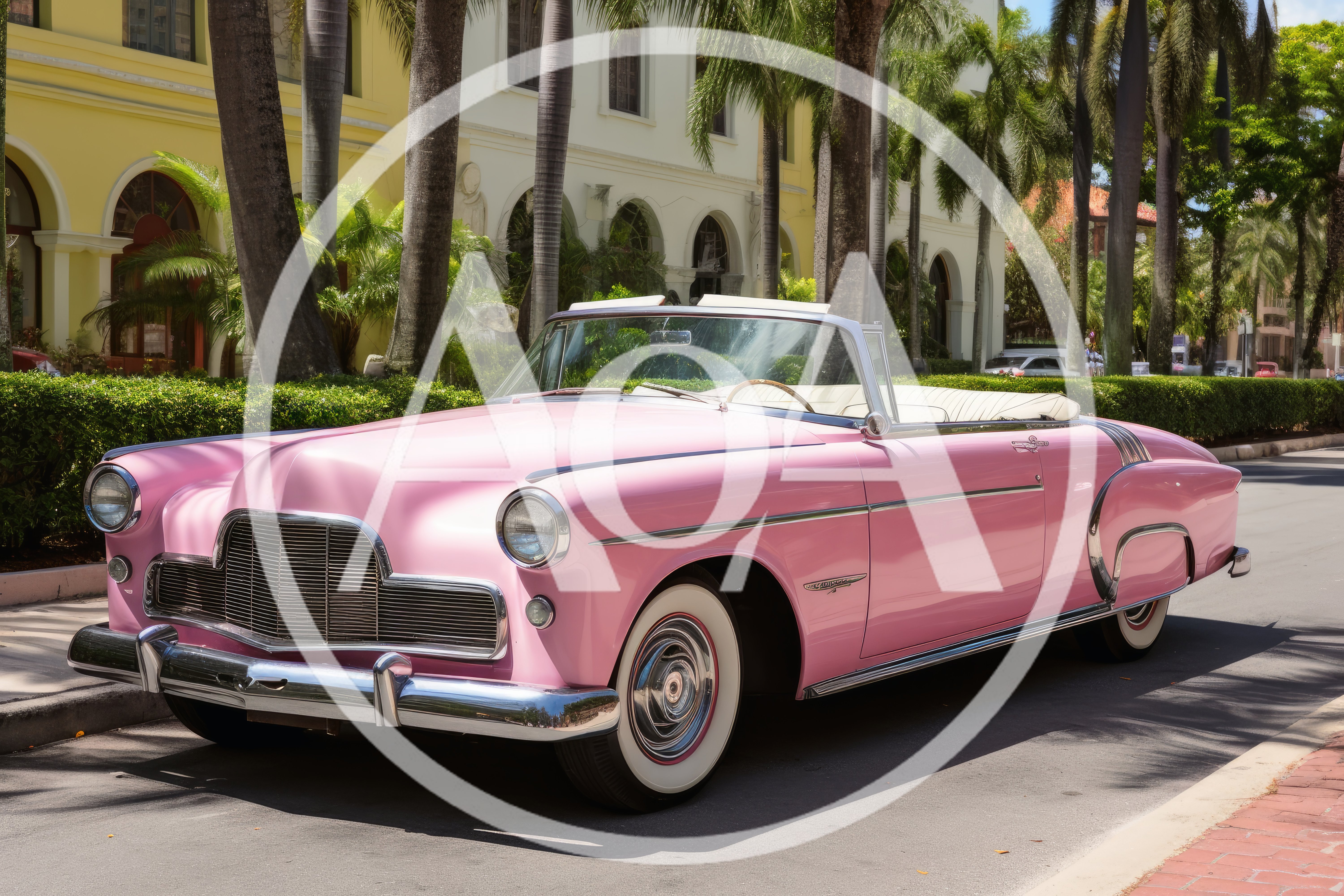 Vintage Pink Convertible Car Parked On Sunny Street