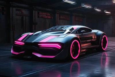 Futuristic Cyberpunk Sports Car In Dark Industrial Garage