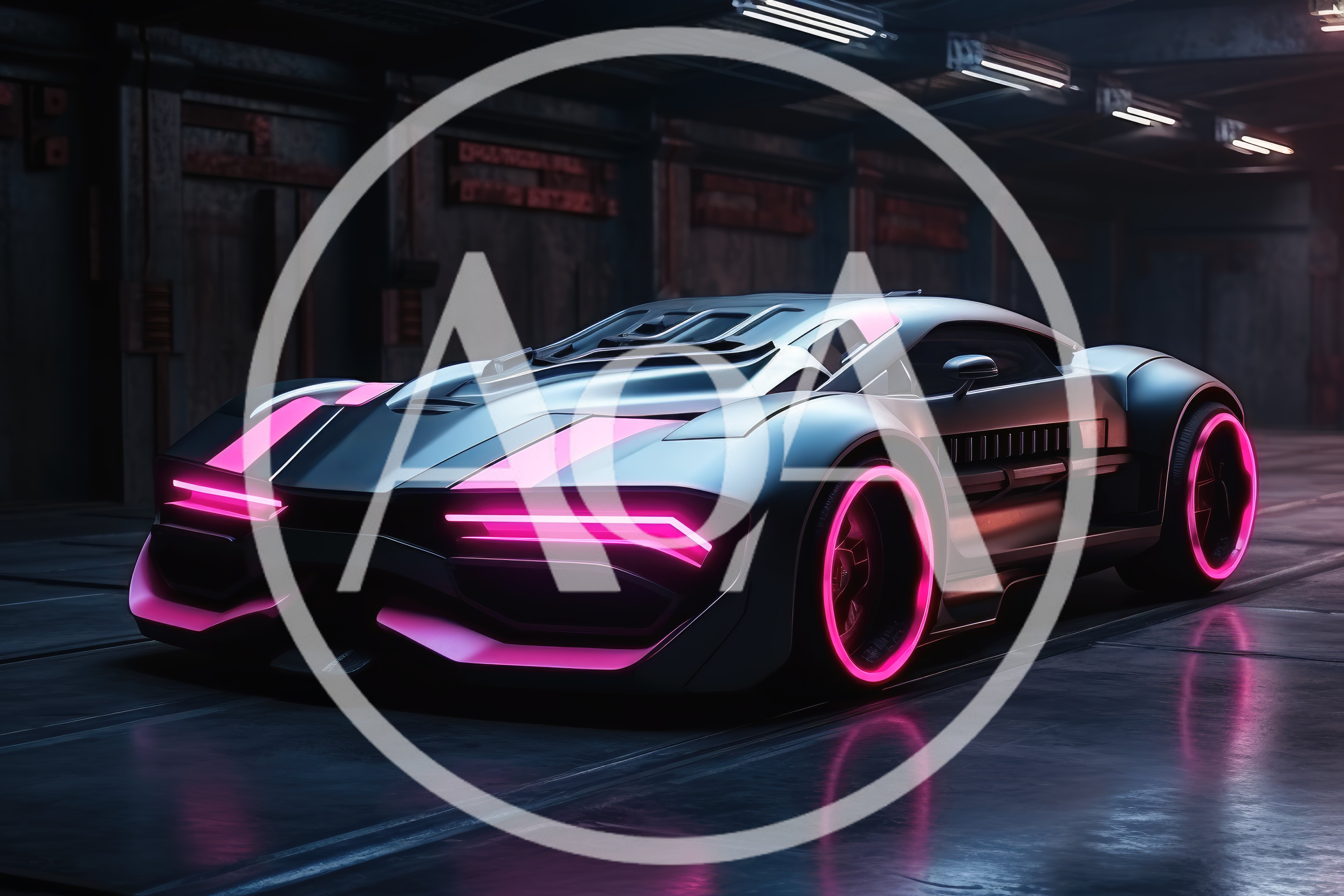 Futuristic Cyberpunk Sports Car In Dark Industrial Garage