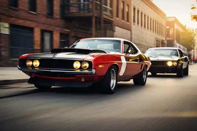 Two Classic Muscle Cars Racing Down City Street