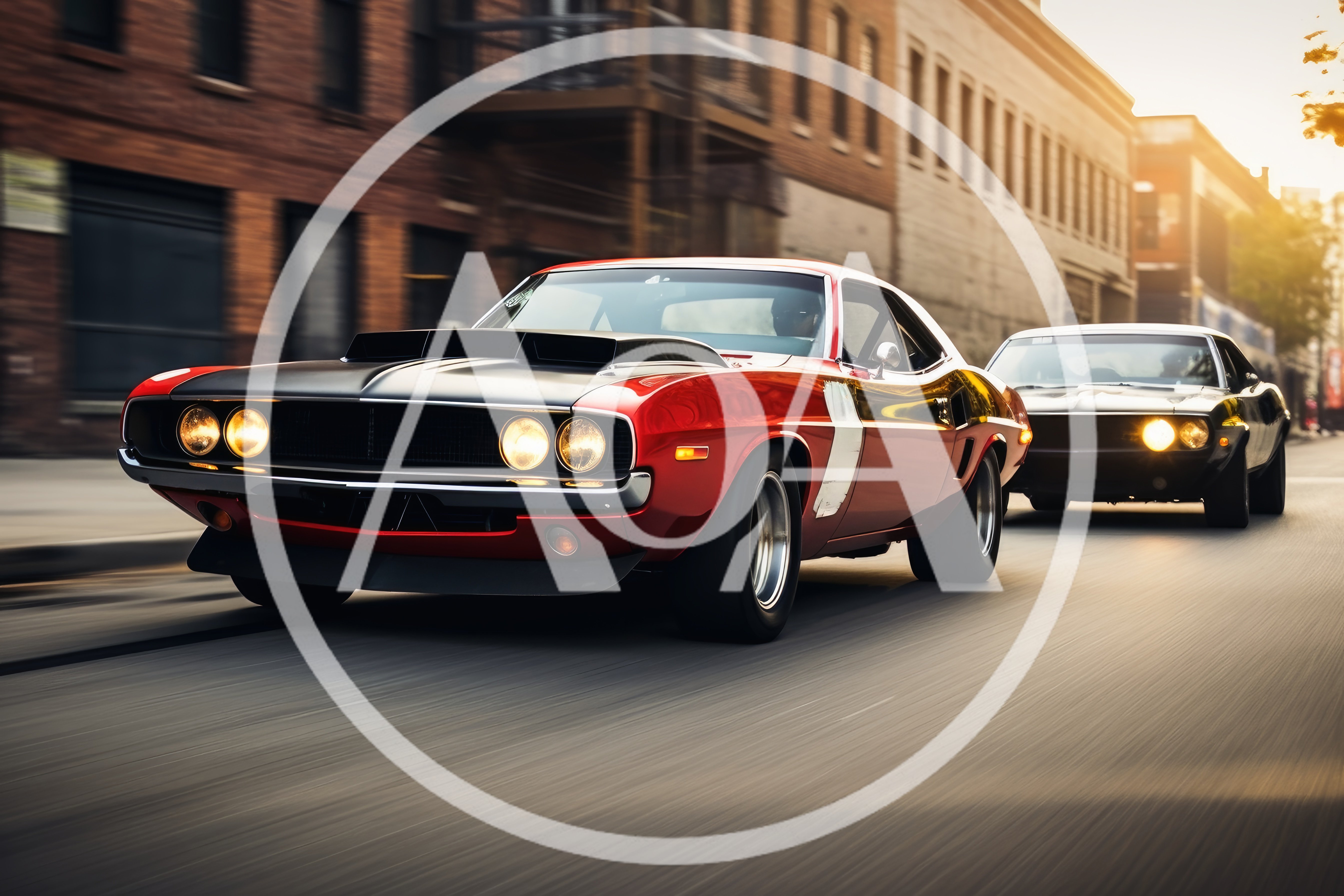 Two Classic Muscle Cars Racing Down City Street