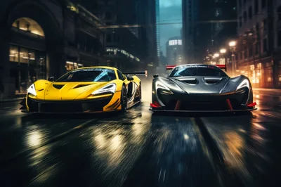 Two Supercars Racing Through A Rainy City Street