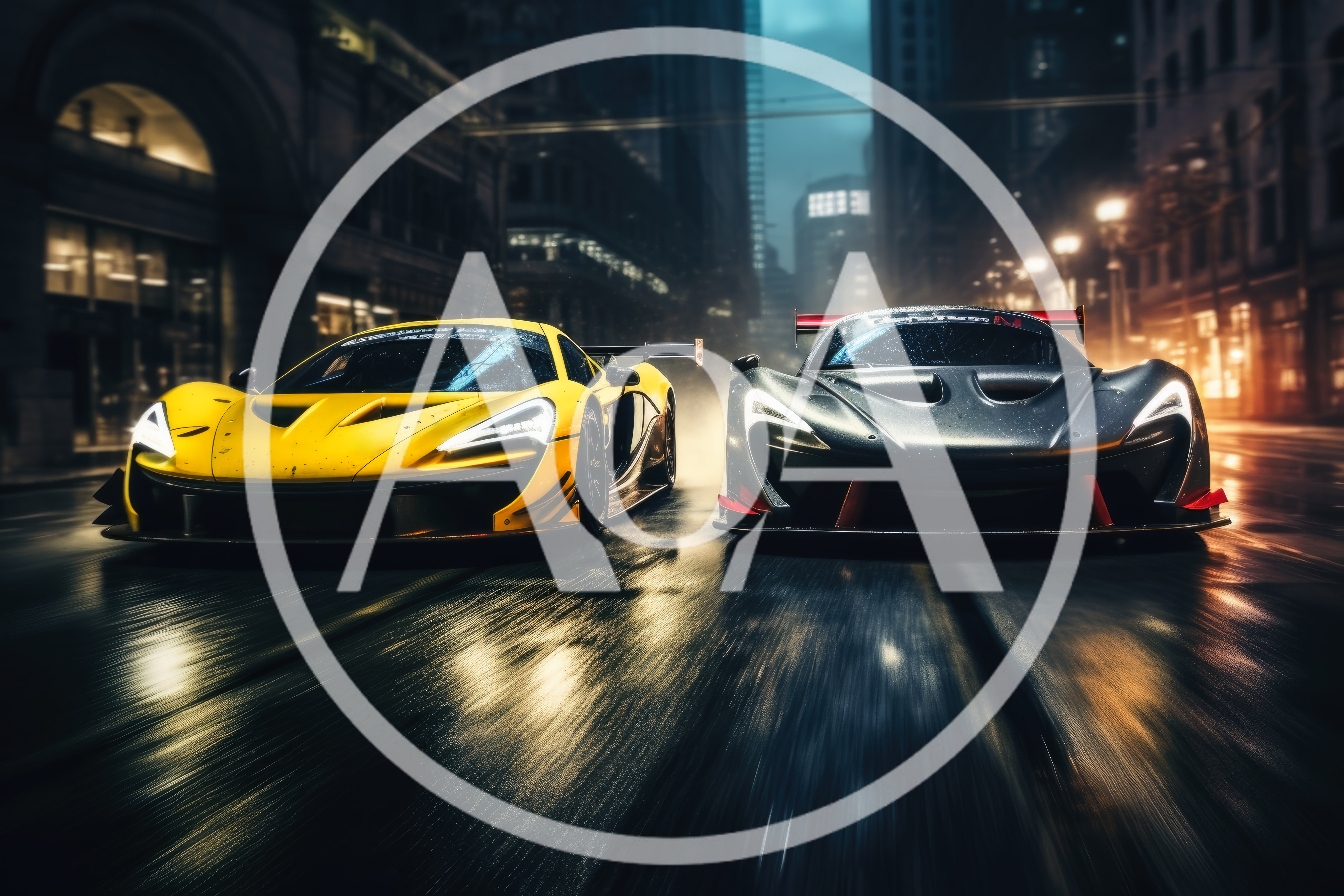 Two Supercars Racing Through A Rainy City Street