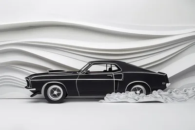 Papercraft Black Muscle Car With Abstract Wave Background