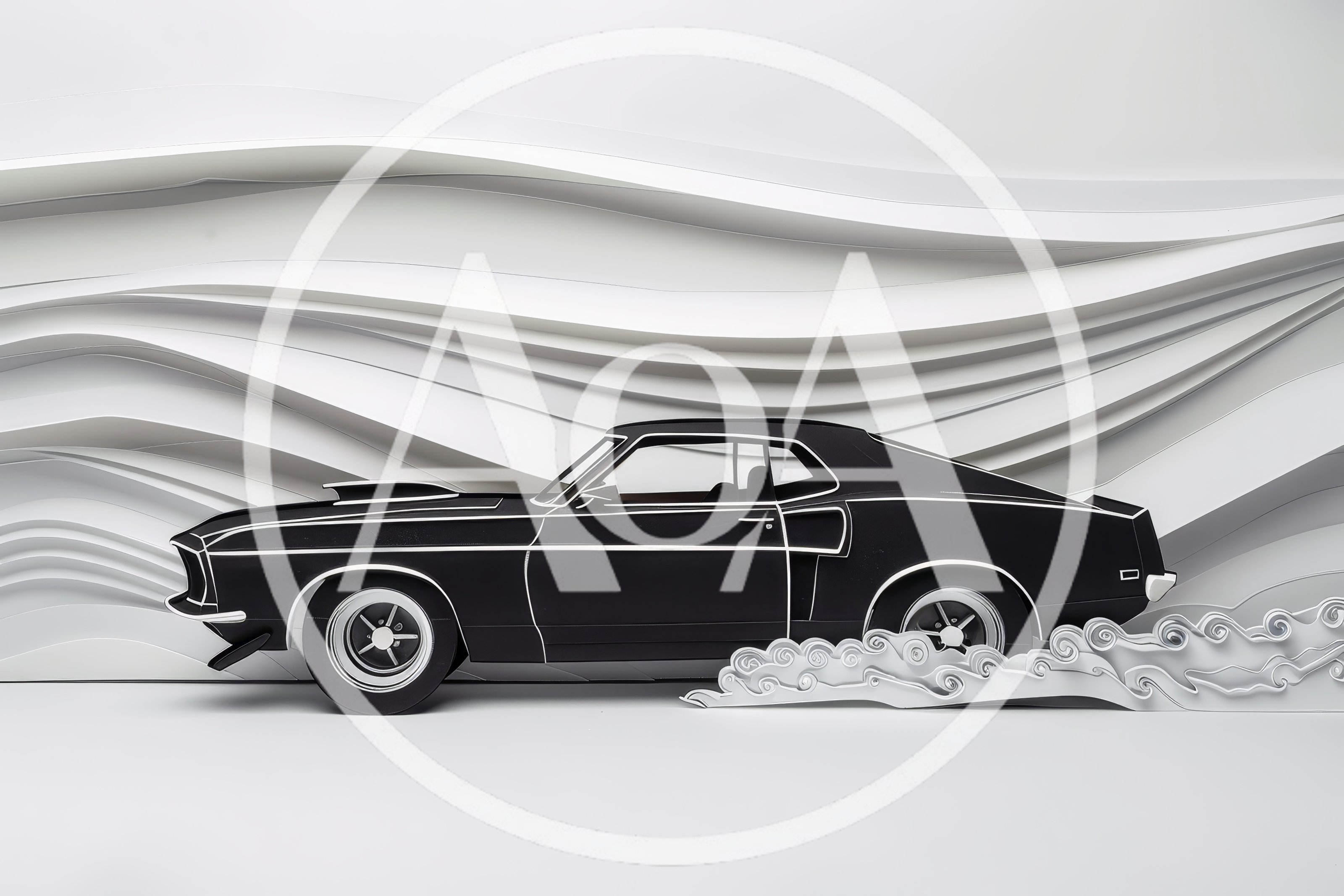 Papercraft Black Muscle Car With Abstract Wave Background