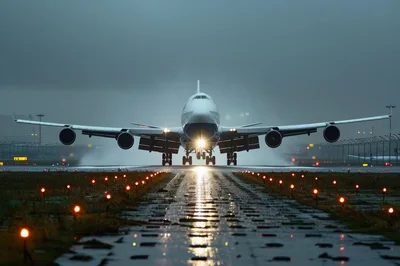 Large Passenger Airplane Landing on Wet Airport Runway