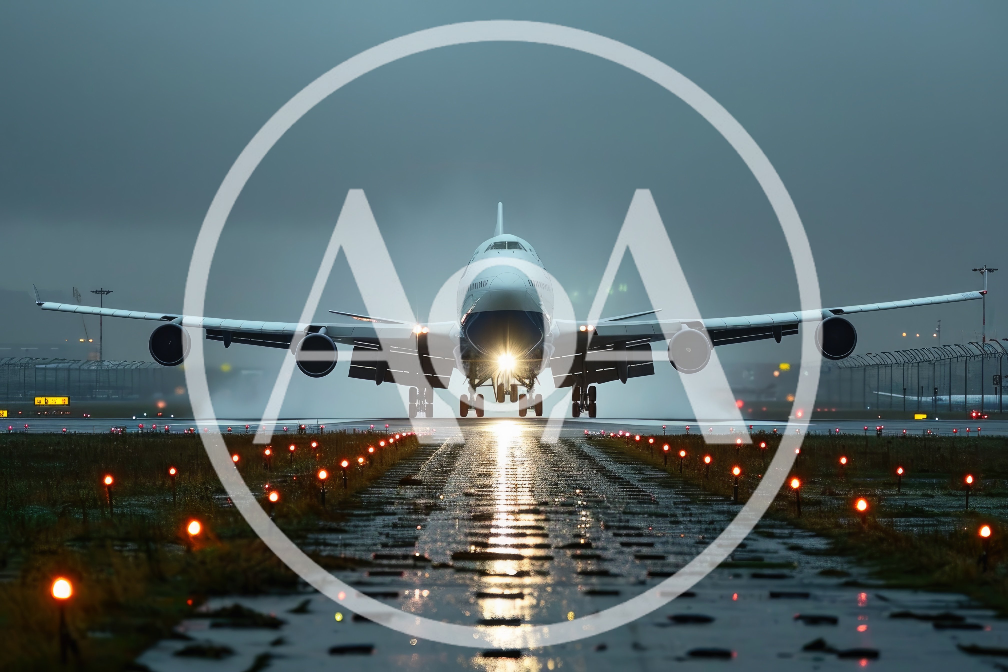 Large Passenger Airplane Landing on Wet Airport Runway