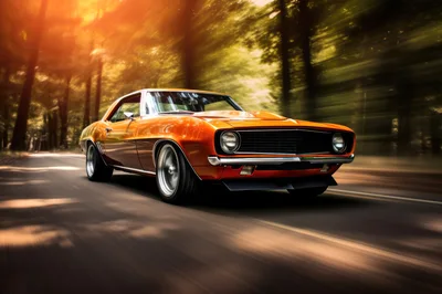 Classic Orange Muscle Car Driving On Forest Road