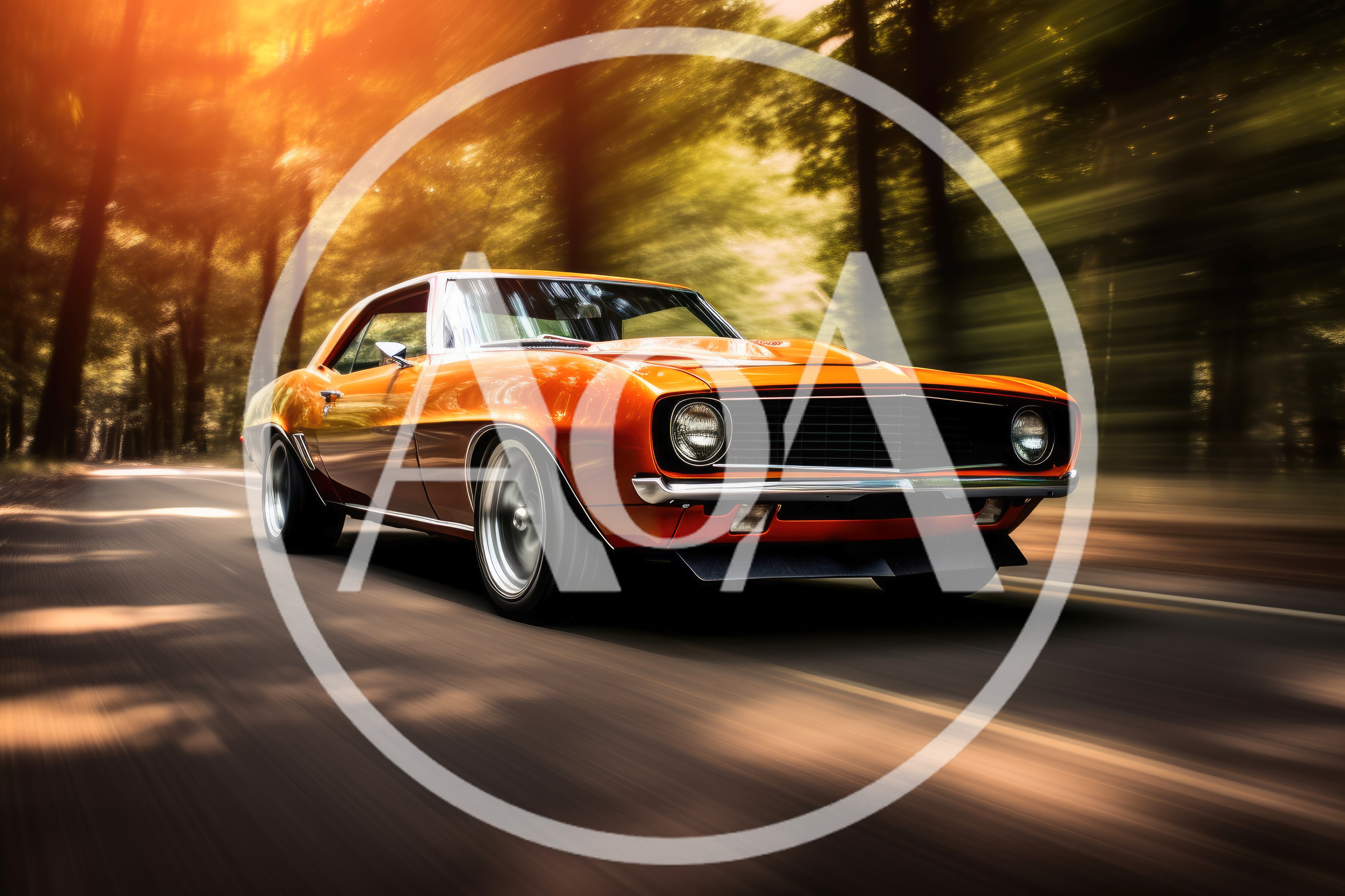Classic Orange Muscle Car Driving On Forest Road