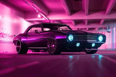 Custom Muscle Car Parked In Neon Lit Garage