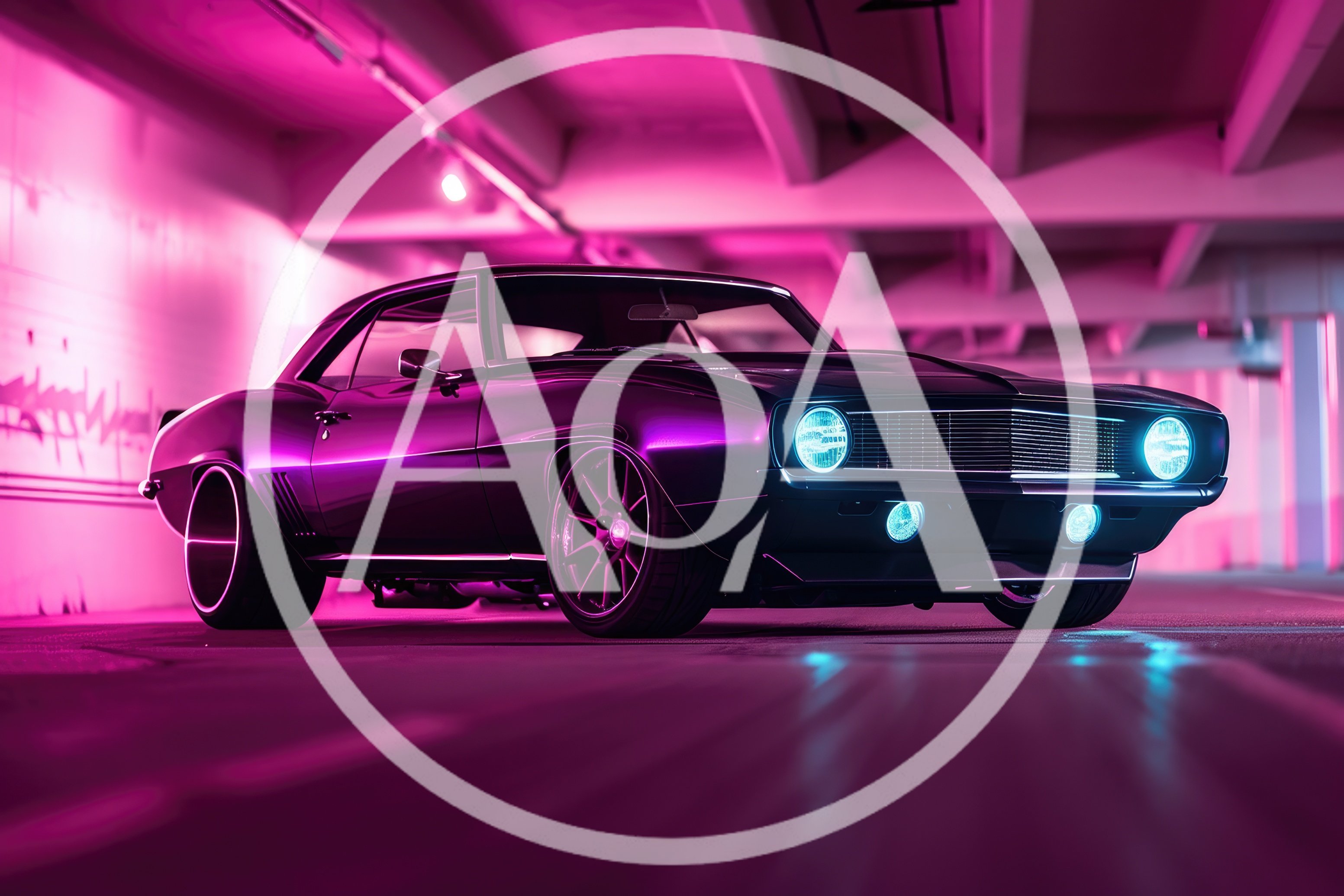 Custom Muscle Car Parked In Neon Lit Garage