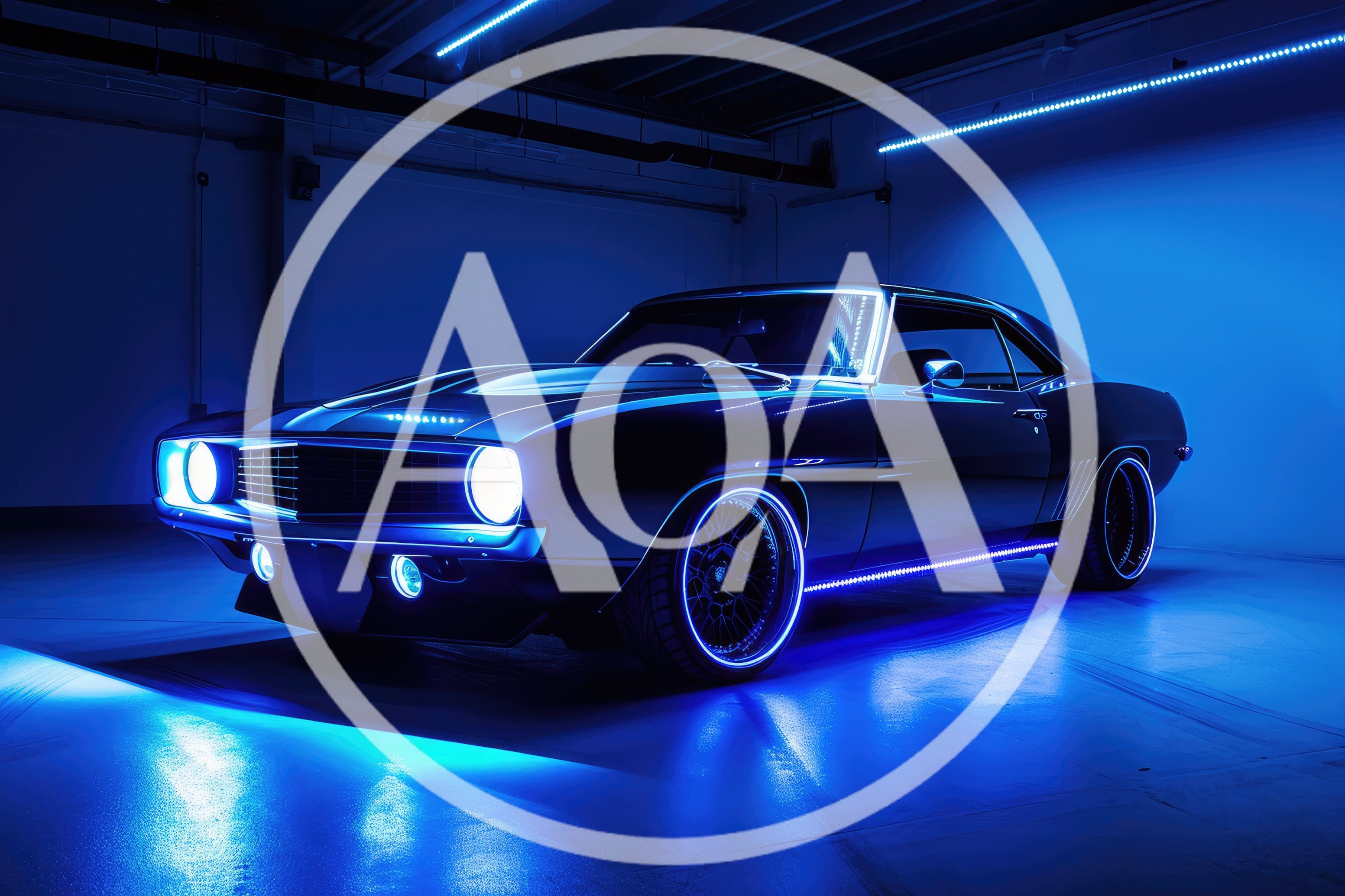 Customized Classic Muscle Car in Neon Blue Lighting