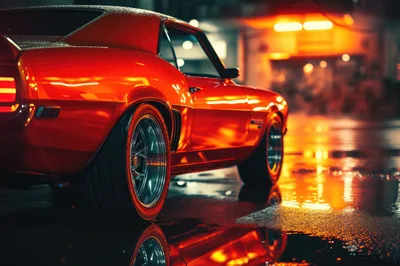 Red Classic Muscle Car Parked On Wet City Street