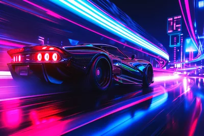Futuristic Sports Car Speeding Through Neon Cityscape