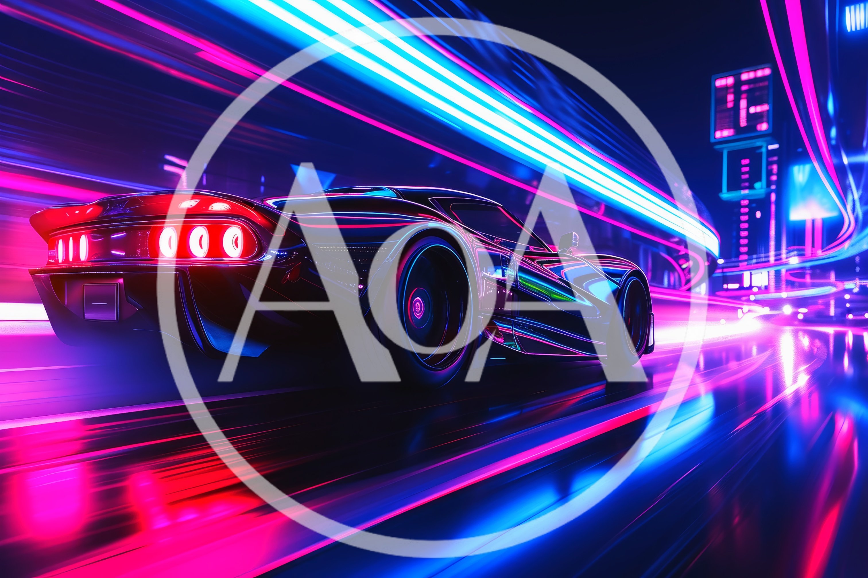 Futuristic Sports Car Speeding Through Neon Cityscape