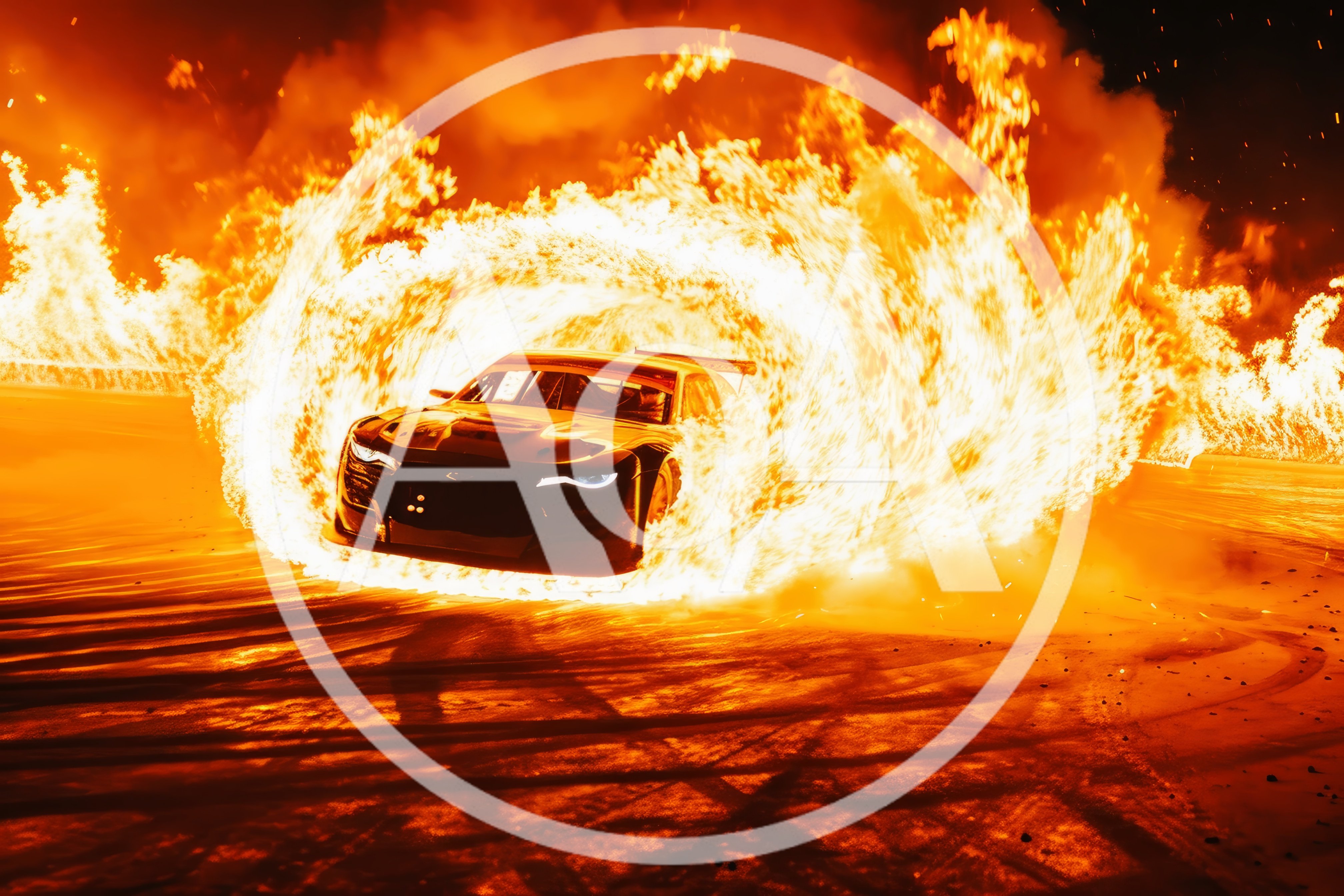 Sports Car Drifting Through A Ring Of Fire