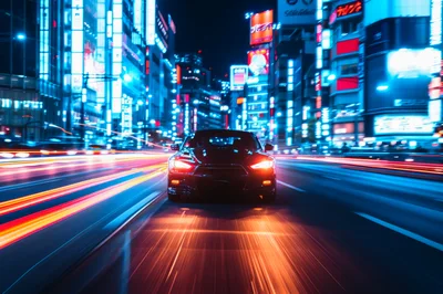 Black Sports Car Driving Through Neon Tokyo Streets