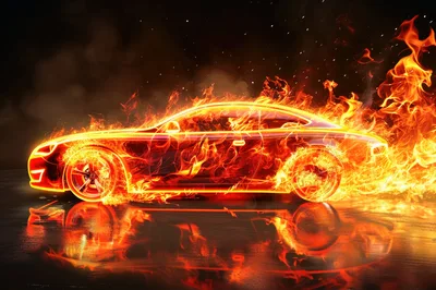 Sports Car Engulfed In Intense Digital Fire