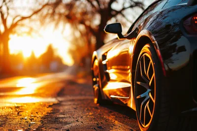 Luxury Sports Car Parked on Road at Sunset