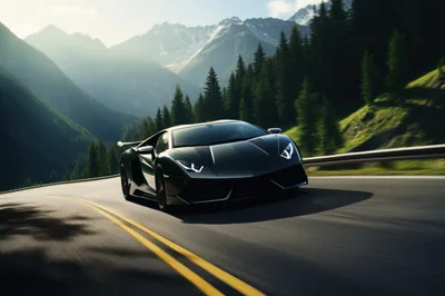 Dark Green Lamborghini Driving On Mountain Road