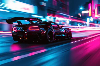 Black Sports Car Speeding Through Neon City Streets