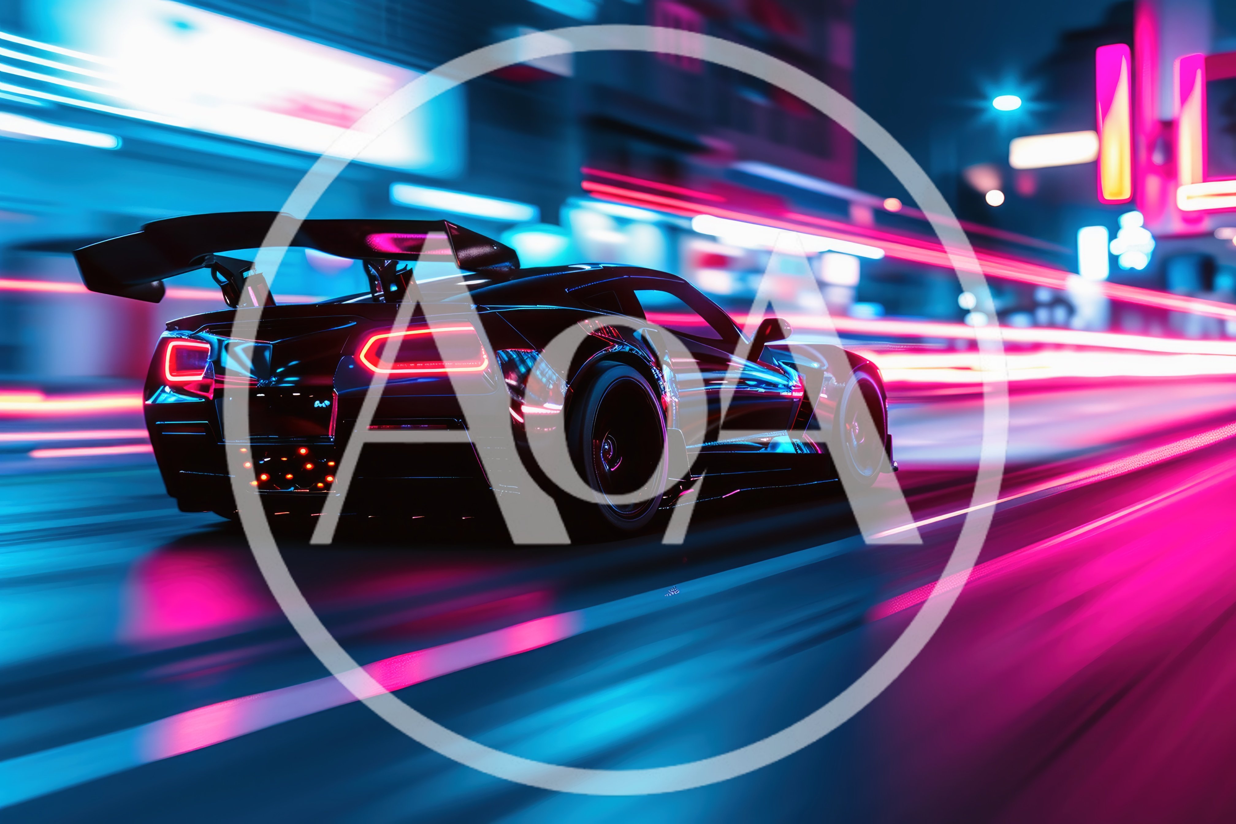Black Sports Car Speeding Through Neon City Streets