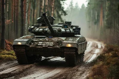 Main Battle Tank Moving Through A Misty Forest