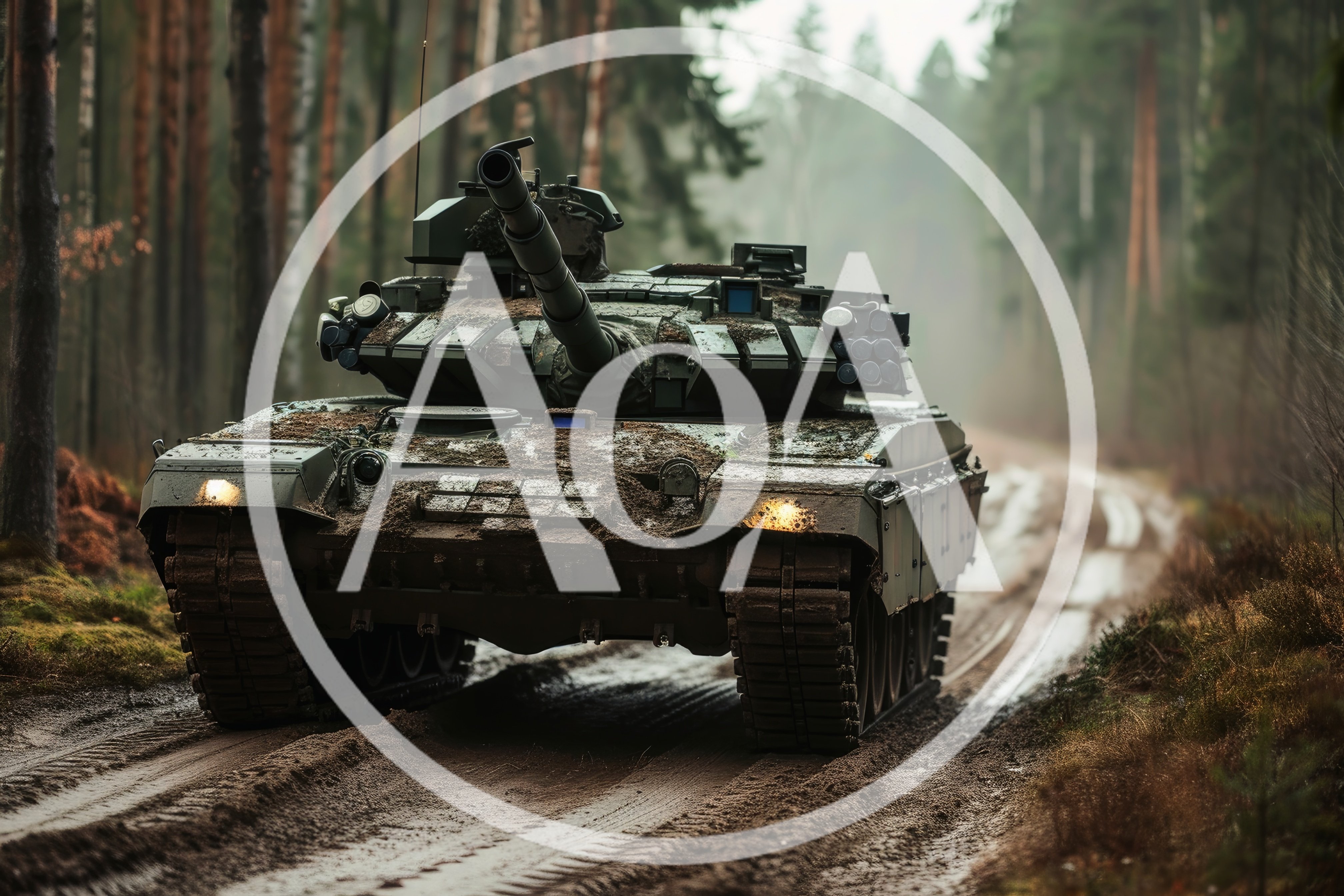 Main Battle Tank Moving Through A Misty Forest