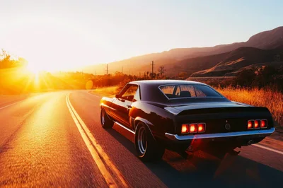 Classic Muscle Car Driving On Desert Highway At Sunset