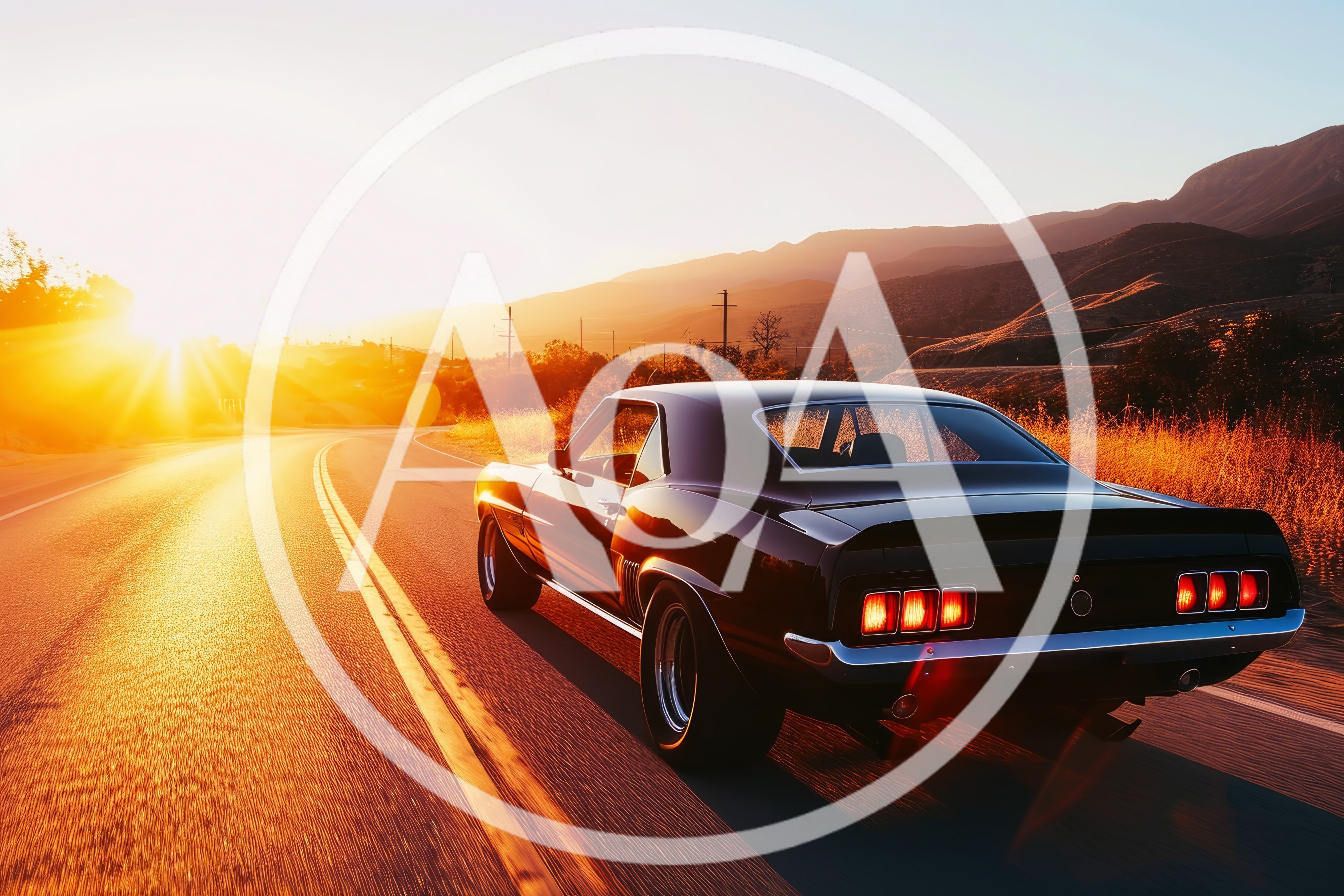 Classic Muscle Car Driving On Desert Highway At Sunset