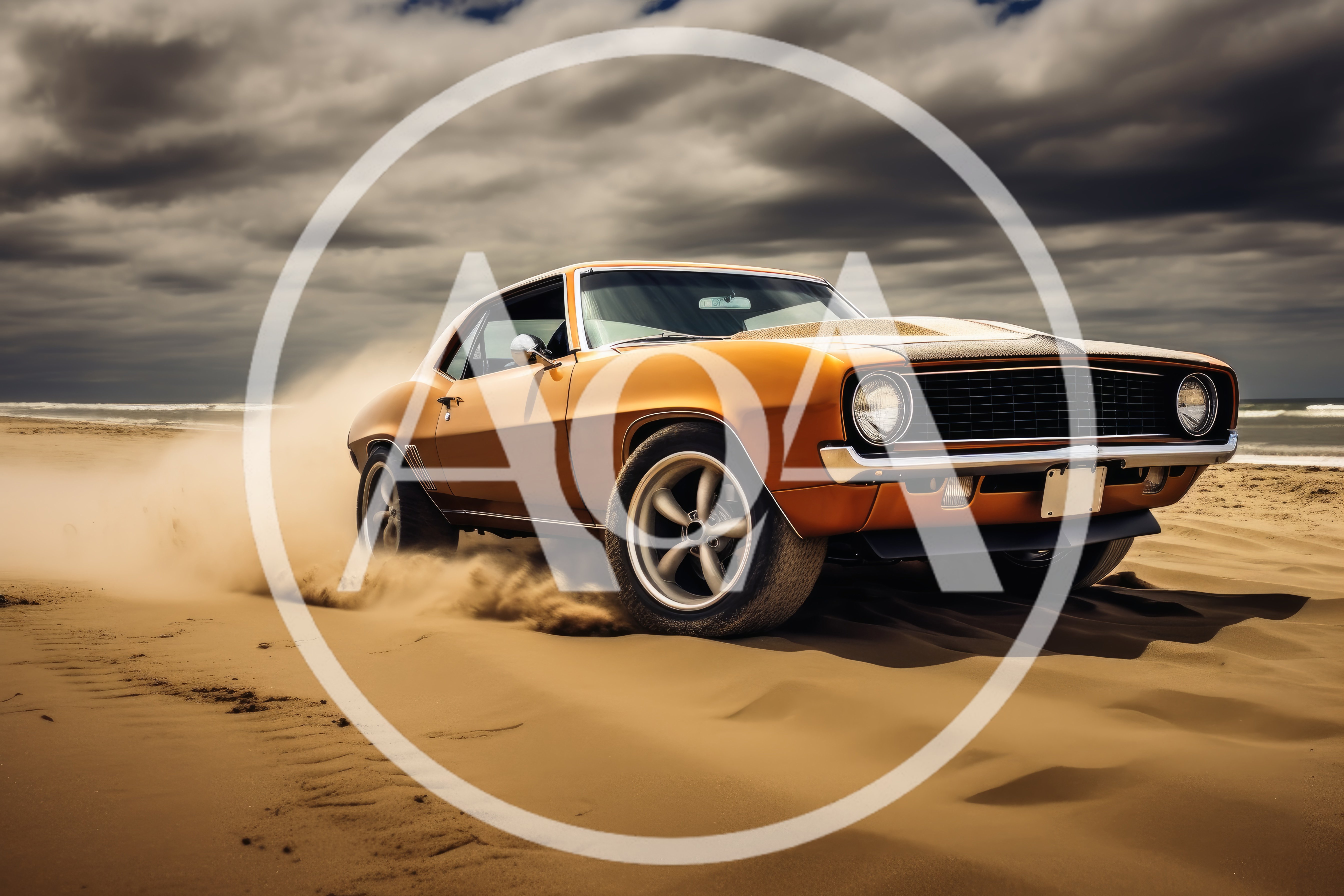 Classic Orange Muscle Car Driving On Sandy Beach