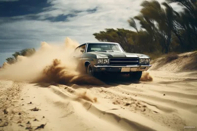 Classic Muscle Car Driving Through Desert Sand