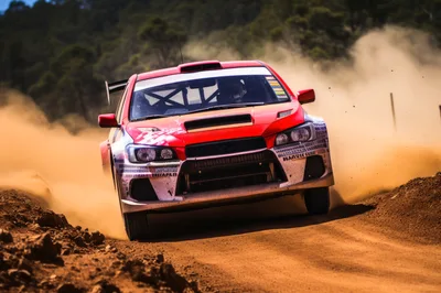 Red Rally Car Drifting On Dirt Track