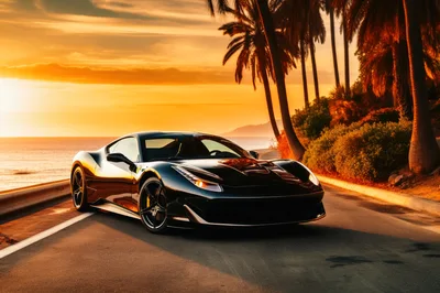 Black Ferrari Sports Car Parked On Coastal Road