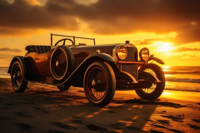 Vintage Convertible Car Parked on Beach at Sunset
