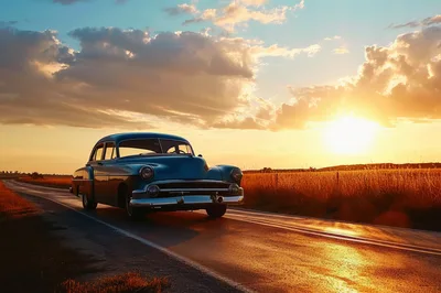 Vintage Classic Car Driving Along Rural Road At Sunset