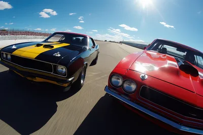 Two Muscle Cars Racing On A Racetrack