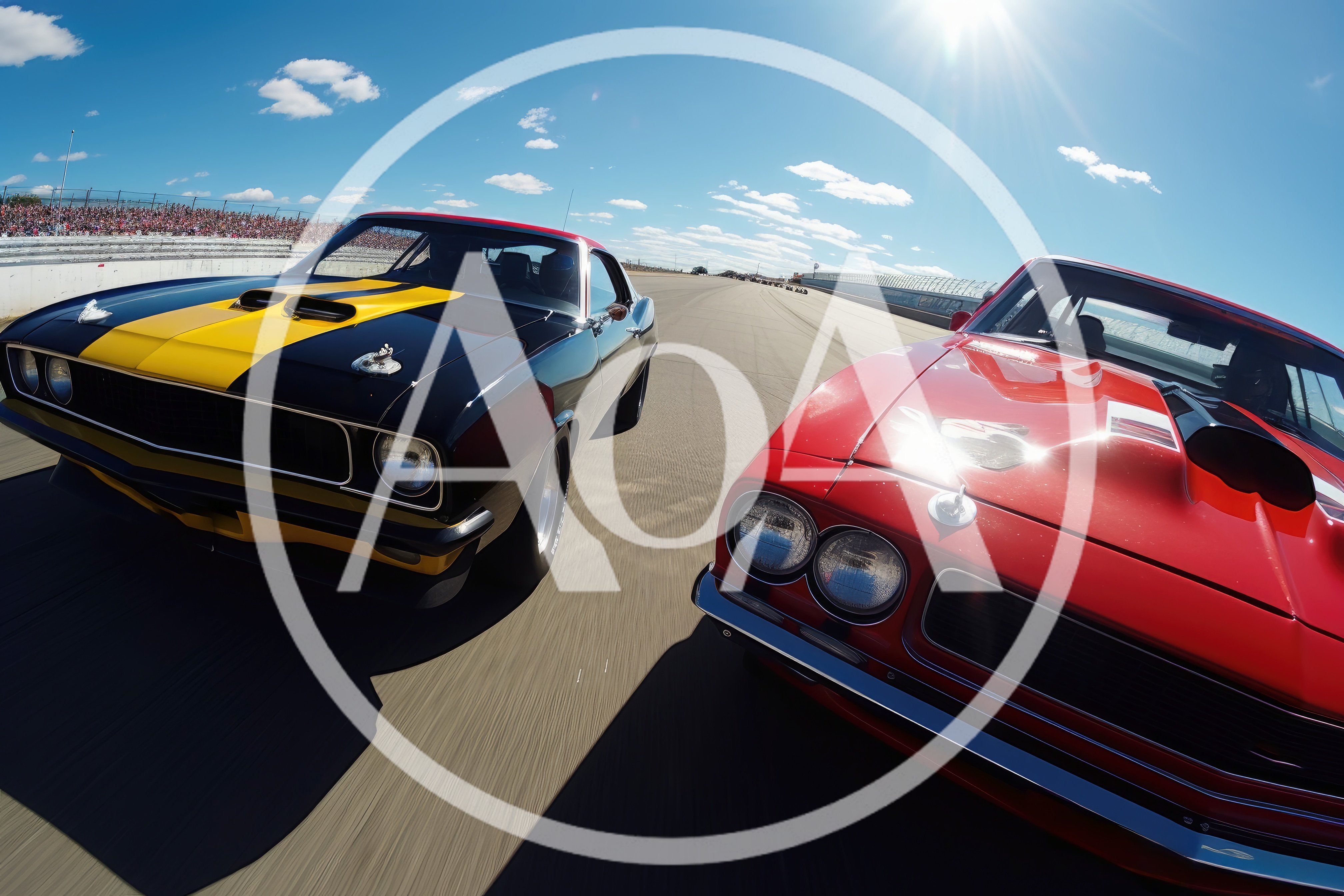 Two Muscle Cars Racing On A Racetrack