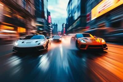 High Speed Supercars Racing Through City Streets