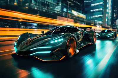 Futuristic Supercars Racing Through A Neon City Street