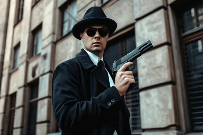 Man in Fedora and Trench Coat Holding a Handgun