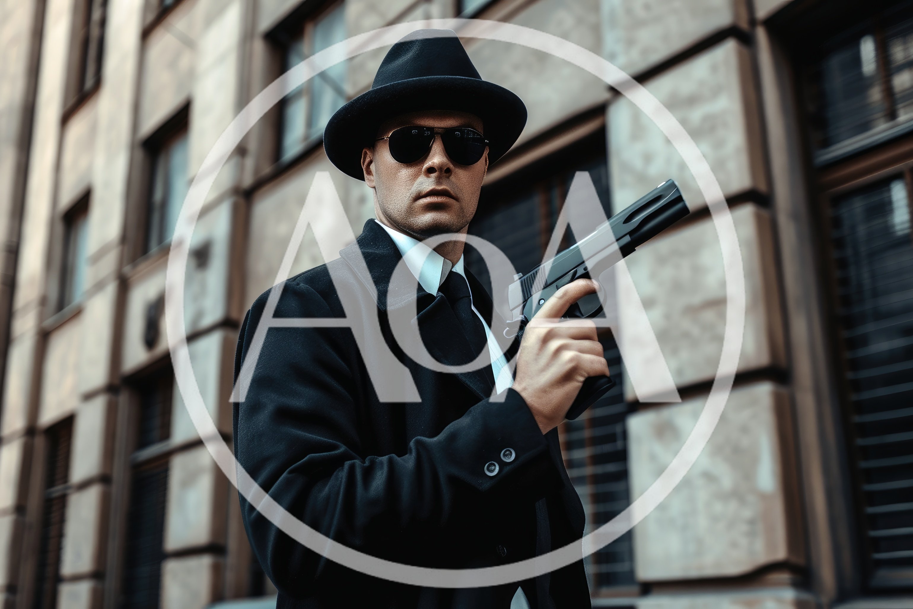 Man in Fedora and Trench Coat Holding a Handgun