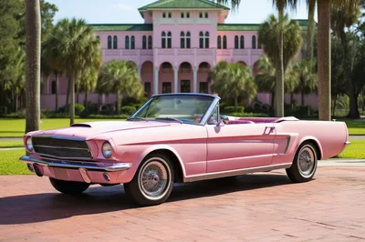 Pink Vintage Convertible Car Parked Before Mansion