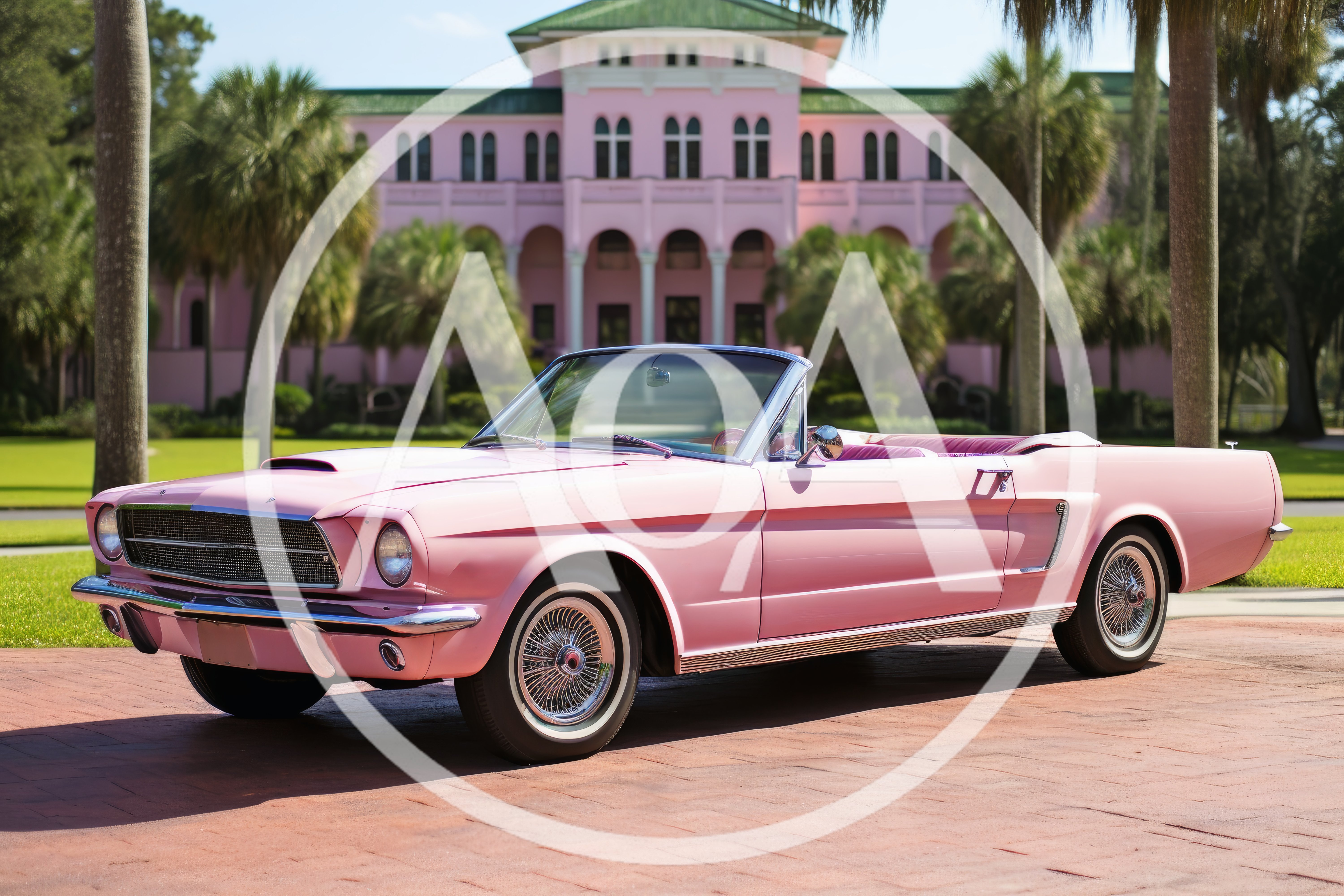 Pink Vintage Convertible Car Parked Before Mansion