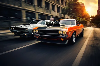 Two Classic Muscle Cars Racing Down City Street